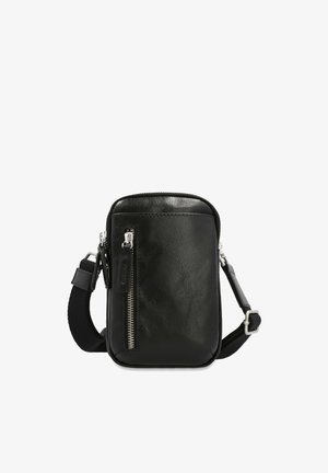 Small black leather crossbody bag with front zipper pocket and adjustable black fabric strap with metal buckle.