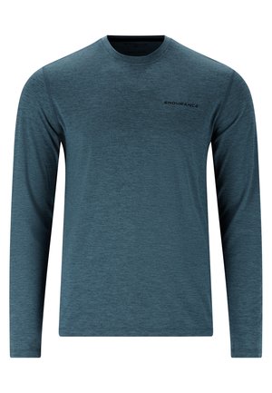 Langarmshirt aus einem melierten blauen Stoff. Verfügt über einen Rundhalsausschnitt und ein kleines schwarzes "ENDURANCE"-Logo auf der linken Brust. Gleiche Textur.