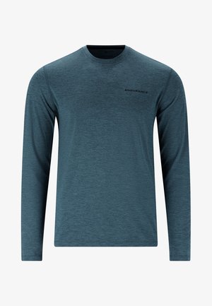 Langarmshirt aus einem melierten blauen Stoff. Verfügt über einen Rundhalsausschnitt und ein kleines schwarzes "ENDURANCE"-Logo auf der linken Brust. Gleiche Textur.