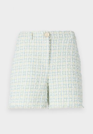 Tweed-Shorts in Hellblau und Zartgelb mit einem strukturierten Rautenmuster. Verfügt über einen vorderen Knopfverschluss und eine taillierte Passform.