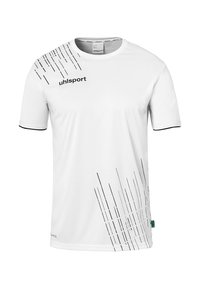 Witte sport T-shirt gemaakt van glad materiaal, met zwarte diagonale strepen en het "uhlsport" logo op de voorkant en zijkant. Korte mouwen.