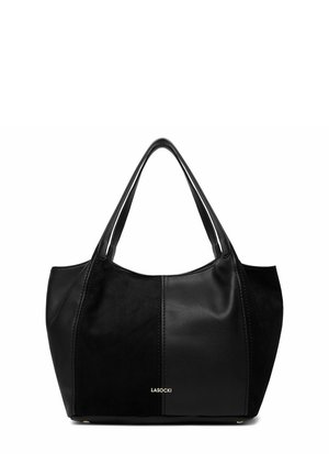 Schwarze Lasocki Tragetasche mit zwei Schulterriemen, glatten und strukturierten Paneelen sowie goldenem Markenzeichen in der Mitte vorne.