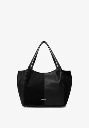 Schwarze Lasocki Tragetasche mit zwei Schulterriemen, glatten und strukturierten Paneelen sowie goldenem Markenzeichen in der Mitte vorne.