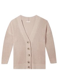 Beige stickad kofta med djup V-hals, långa ärmar och femknapplåsning. Texturerad tyg med ribbade manschetter och nederkant.