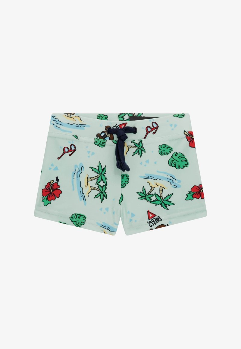 Shorts de bain vert menthe avec un imprimé tropical multicolore de fleurs, lunettes de soleil et palmiers, dotés d'une taille élastique avec cordon de serrage bleu marine.