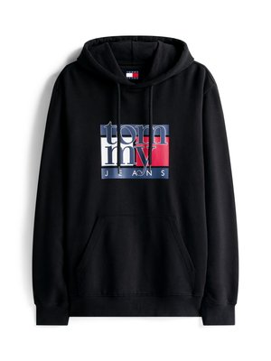 Black hoodie made from cotton with a front kangaroo pocket. Features a multi-color graphic logo with blue, red, and white accents.