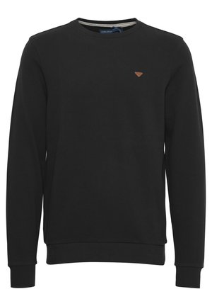 Musta collegepaita, joka on valmistettu kankaasta, jossa on pyöreä kaula-aukko, pitkät hihat, joustavat hihansuut ja pieni ruskea kolmiomainen logo rinnassa.