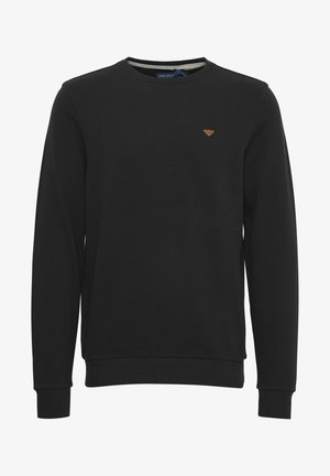 Sweatshirt noir en tissu, avec un col rond, des manches longues, des poignets côtelés, et un petit logo triangulaire marron sur la poitrine.