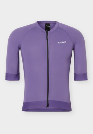 Paarse korte mouw fietsjersey met zwarte ritssluiting aan de voorkant en GripGrab-logo op de borst en neklabel, nauwsluitende pasvorm met vlakke naden.