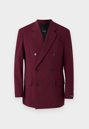 Burgunderfarbener doppelt geknöpfter Blazer mit schwarzen Knöpfen, Reverskragen und zwei Vordertaschen. Glatter Stoff mit strukturiertem Design.