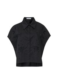 Black cropped shirt with short cape-style sleeves, featuring intricate black embroidery of floral patterns on the front. Smooth fabric texture.