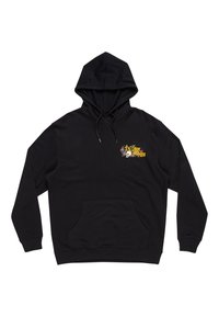 Sudadera negra con capucha y bolsillo frontal, con bordado colorido de flores y texto en el área del pecho izquierdo. Material de mezcla de algodón.