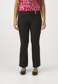 Black flared trousers with a smooth texture, featuring two silver buttons at the waistband and vertical seams for tailored appearance.
