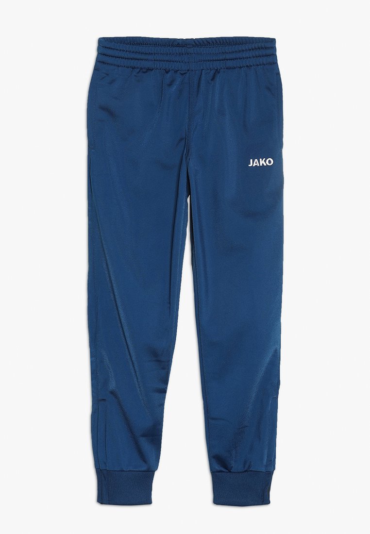 Marineblaue Sporthose aus glattem, leichtem Stoff, mit einem elastischen Bund und einem weißen Logo auf dem linken Oberschenkel.