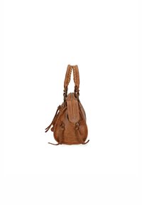 Borsa in suede marrone con manici intrecciati, tasca laterale con zip, forma arrotondata, cuciture decorative e dettagli con frange.