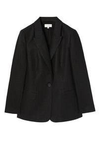 Černý elegantní blazer s výstřihem do "V", dvěma předními kapsami, zapínáním na jeden tlačík a dobře tvarovaným siluetou. Vyroben z texturované tkaniny.