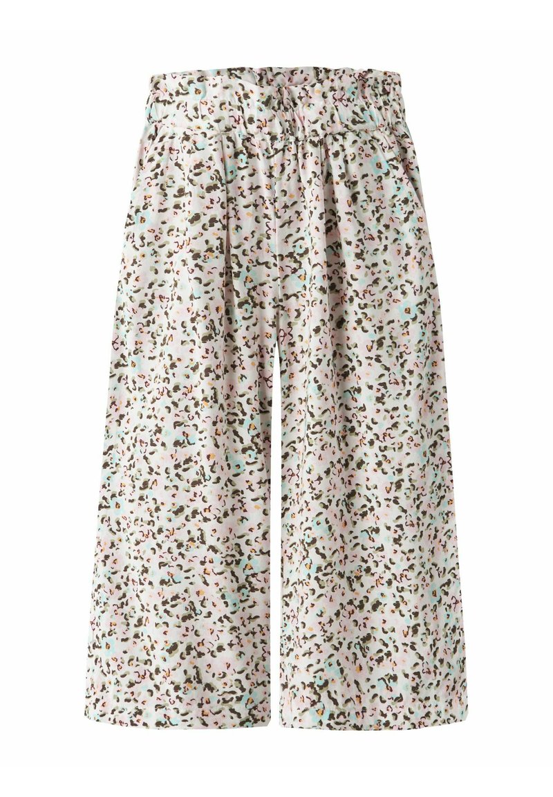 Bloemmotief culottes met een elastische tailleband, brede benen en een lichte stof, met tinten crème, bruin en pastelkleuren verspreid over de stof.