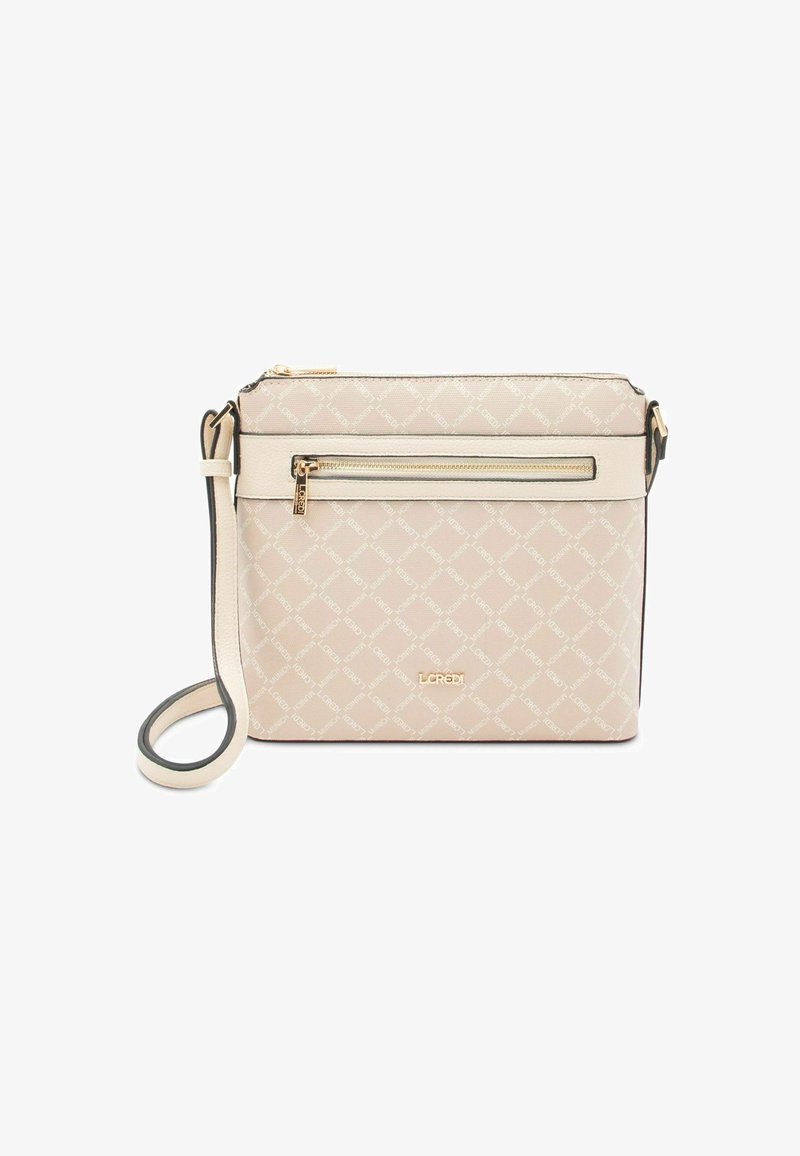 Borsa a tracolla beige con motivo a rombi, ferrature dorate, doppia chiusura con zip e tracolla beige con rifinitura nera. Design minimalista.