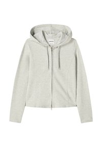 Hellgrauer Reißverschluss-Hoodie mit einer Kapuze und Nahtdetails. Einfaches Design, lässiger Stil, geeignet für den Alltag.