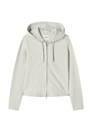 Hellgrauer Reißverschluss-Hoodie mit einer Kapuze und Nahtdetails. Einfaches Design, lässiger Stil, geeignet für den Alltag.