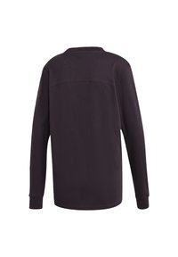 Camiseta negra de manga larga con cuello redondo, mostrada desde atrás, con puños acanalados y costura de canesú a lo largo de la parte superior de la espalda.