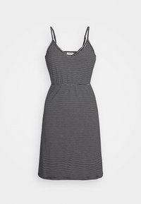 Czarna i biała sukienka w paski z cienkimi ramiączkami, dekoltem w kształcie litery V i elastycznym pasem. Kształt A-line z długością do kolan.