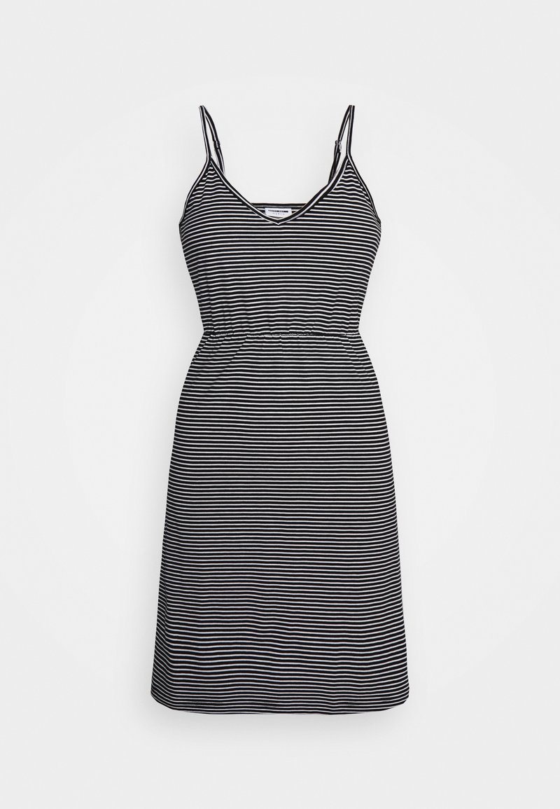 Czarna i biała sukienka w paski z cienkimi ramiączkami, dekoltem w kształcie litery V i elastycznym pasem. Kształt A-line z długością do kolan.