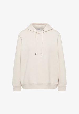 Cremfarbener Hoodie aus weichem, strukturiertem Stoff. Verfügt über eine Kapuze mit Kordelzug und gerippte Bündchen. Schlichtes Design mit dezentem Logo-Detail.