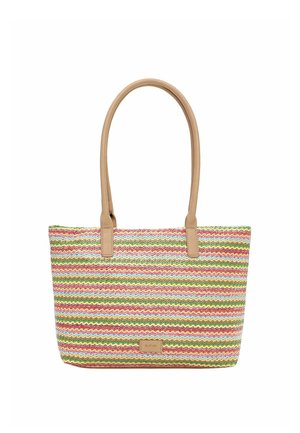 Bolsa tote con patrón de zigzag multicolor y asas de cuero marrón claro, forma rectangular y pequeña etiqueta "RUE 09" en el centro frontal.