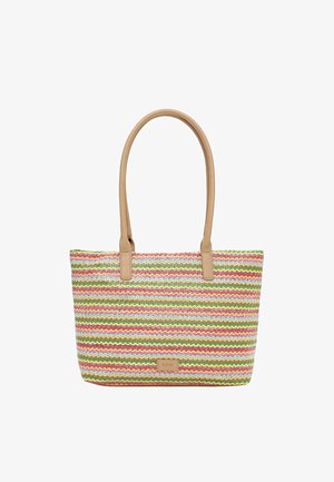 Borsa tote con motivo a zigzag multicolore e manici in pelle color cuoio, forma rettangolare e piccola etichetta "RUE 09" al centro davanti.