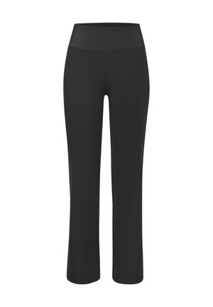 Schwarze Sportleggings mit hohem Bund, hergestellt aus glattem, dehnbarem Stoff; mit weitem Bein-Design und gerippten Texturen am Bund.