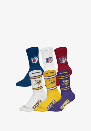 Sechs NFL-Socken in drei Farben: blau, weiß und rot mit NFL-Logo; sowie weiß, gelb und lila mit Minnesota Vikings-Logo und dem Schriftzug "VIKINGS".
