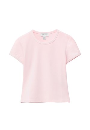 Light pink short-sleeve crew neck t-shirt with a straight hem, made of soft fabric, shown on a white background.