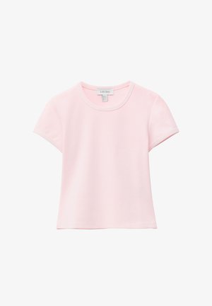 Light pink short-sleeve crew neck t-shirt with a straight hem, made of soft fabric, shown on a white background.
