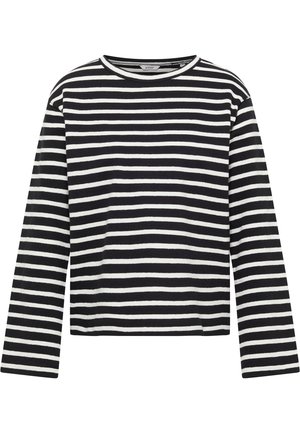 Black and white striped long-sleeve shirt with a crew neckline, featuring a soft texture and straight cut.