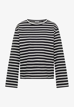 Black and white striped long-sleeve shirt with a crew neckline, featuring a soft texture and straight cut.
