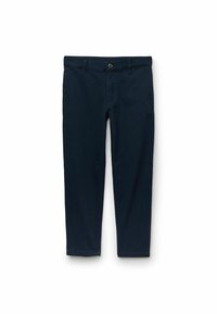 Granatowe bawełniane chinosy o luźnym kroju, z przednim zapięciem na guzik i bocznymi kieszeniami, gładką fakturą oraz przeszytym dołem.