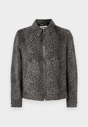 Tierdruckjacke in Grau und Schwarz, mit Kragen und Frontreißverschluss. Hergestellt aus einem strukturierten Stoff mit glatter Oberfläche.