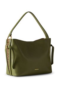 Olivgrüne Lederhandtasche mit glatter Textur, einem einzelnen Schulterriemen und einem gewebten Seitendetail. Verfügt über goldfarbene Hardware mit einem Logo.