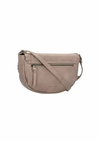 Runde, weiche rosa Leder-Crossbody-Tasche mit einer vorderen Reißverschlusstasche und verstellbarem Tragegurt. Verfügt über dezente Ziernähte und Markenlogo.