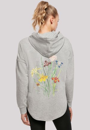 Grauer Hoodie mit lässiger Passform, der auf der Rückseite ein florales Design in Pink, Gelb und Rot aufweist, und einem abgerundeten Saum sowie einer Kapuze.