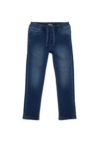 Donkerblauwe denim broek met een elastische tailleband, trekkoord en vijf zakken; heeft een verwerkte wassing en een recht gesneden ontwerp.