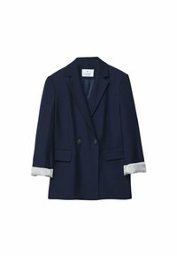 Blazer blu navy con frontale doppiopetto, due tasche frontali e maniche arrotolate con dettaglio di tessuto a righe.