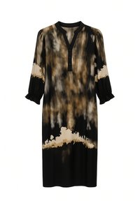 Svart och guld batikklänning med notchad krage, tre knappar och puffärmar. Mjuk tyg med en lös, rak passform.