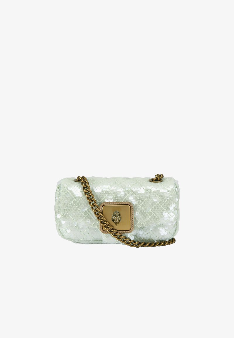 Handtas met pailletten in muntgroen met een geruit ontwerp, gouden kettingriem en een sierlijke sluiting met een decoratief embleem.