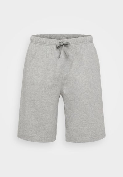 Calções cinzentos de algodão com um cós elástico, detalhes de cordão e um corte descontraído, apresentando uma textura suave e sem bolsos.