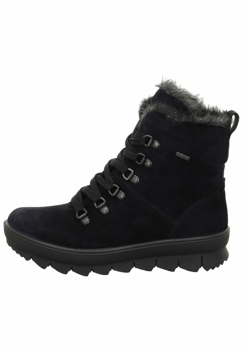 Botas de tobillo de ante negro con un collar de piel sintética, con cierre de cordones en la parte delantera y suela de goma texturizada con canalones profundos.
