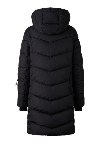 Schwarze Puffjacke mit Kapuze, mit einem Zickzackmuster, langen Ärmeln und seitlichen Reißverschlusstaschen. Glatte, gesteppten Textur.