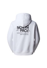 Sudadera blanca con capucha y un gran gráfico negro en la parte posterior que presenta montañas y texto. Fabricada con una tela suave y gruesa con puños acanalados.