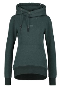 Sudadera con capucha de color verde oscuro hecha de un material suave de forro polar. Cuenta con una capucha grande, cordones, bolsillo frontal y puños y dobladillo acanalados.
